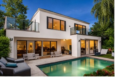 Modern West Coast home exterior with pool